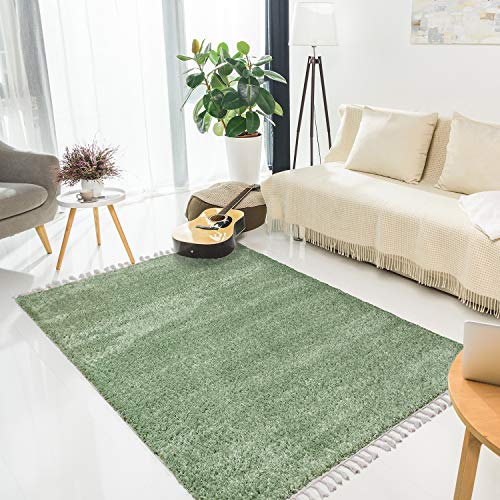MyShop24h Teppich Wohnzimmer Shaggy - 80x150 cm - Pastel Grün Einfarbig Flauschig Hochflor Teppiche Modern mit Fransen