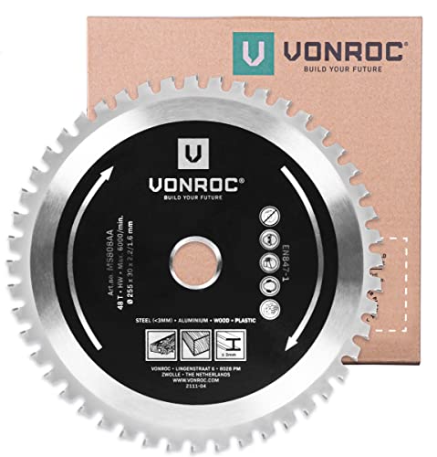 VONROC Multi-Material-Sägeblatt - Ø255 x 30mm - 48T - Holz, Aluminium, Kunststoff und Stahl - Für MS507AC