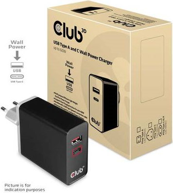 Club 3D USB Typ A und C Ladegerät Steckdose bis zu 60W
