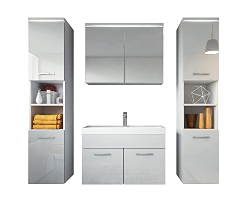 Badezimmer Badmöbel Set Paso XL LED 80 cm Waschbecken Hochglanz Weiß Fronten - Unterschrank 2x Hochschrank Waschbecken Möbel