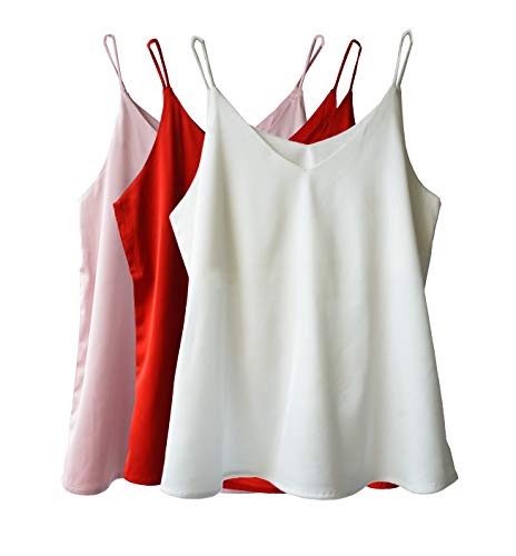 Wantschun Damen Satin Silk Weste Bluse Tank Tops Shirt Cami Spaghetti Träger Camisole Vest V-Ausschnitt S Rosa+Weiß+Rot
