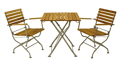 DEGAMO Garten Sitzgruppe Klappgarnitur Passau 3-teilig (2X Armlehnensessel, 1x Tisch eckig 70x70cm), Gestell verzinkt und transparent pulverbeschichtet, Belattung Robinien Holz, Outdoor