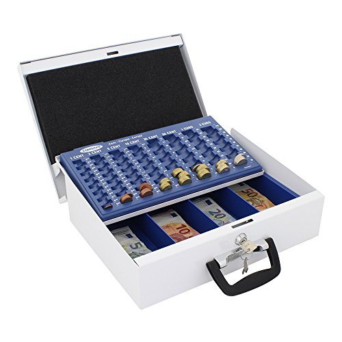 Rottner Geldkassette Brüssel Geldzählkassette, Kasse mit unterteilten Münzzählbrett und Zylinderschloss weiß
