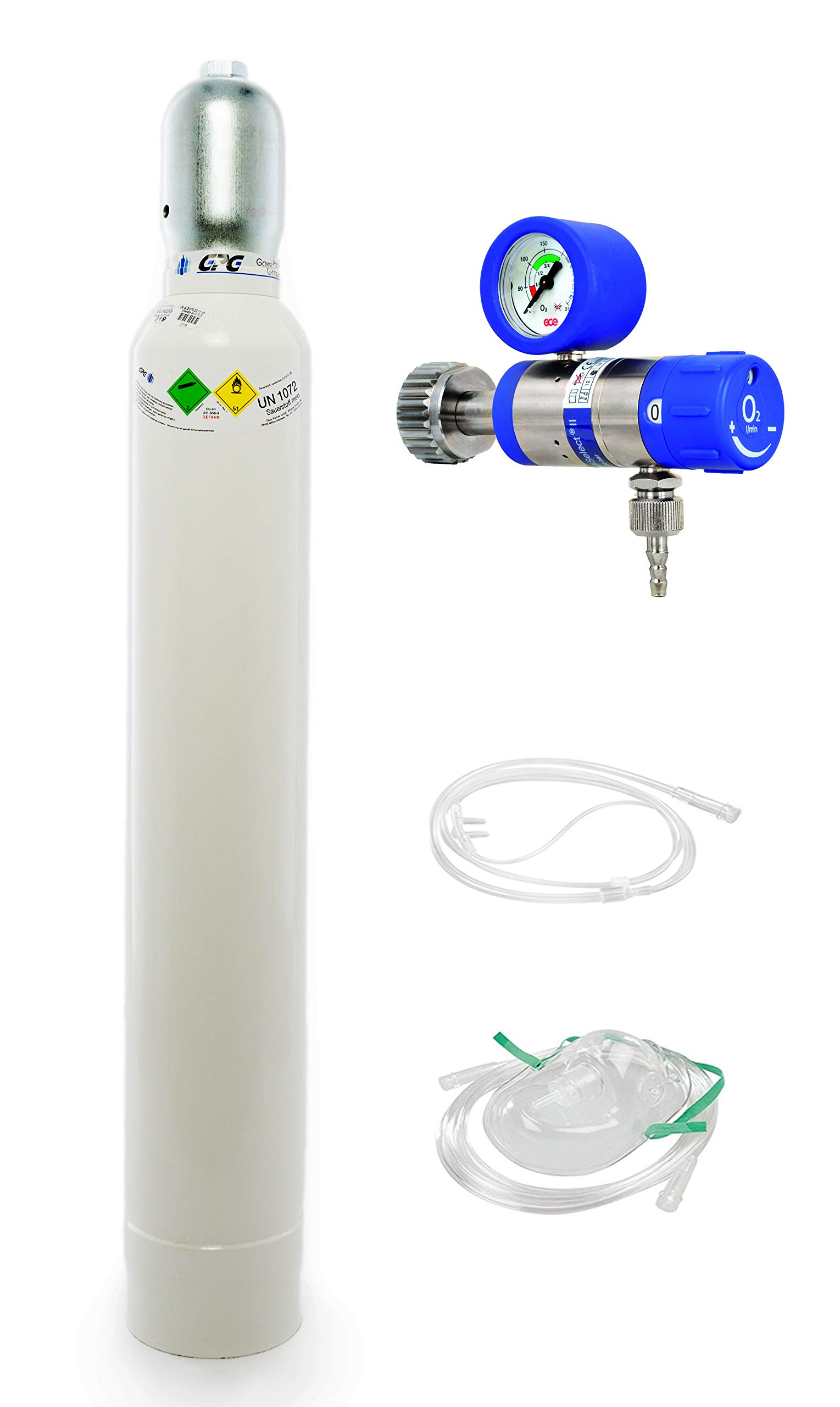 gase-kaufen 10 Liter medizinischer Sauerstoff (Leichtstahlflasche) mit Druckminderer MediSelect 25 und Maske