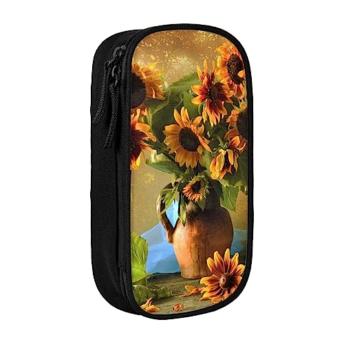 Vase Sonnenblumen-Federmäppchen, mittlere Größe, Stiftehalter, Tasche mit Doppelreißverschlüssen für die Arbeit, niedlich, Schwarz , Einheitsgröße, Koffer