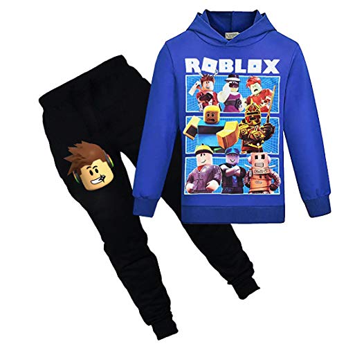 N /A Roblox Kapuzenpullover Jungen Hoodies Kinder Spiel Outfits Karikatur Charaktere Pullover Baumwolle Mädchen Hosen Kleidung Sets (Blue, 7-8years)