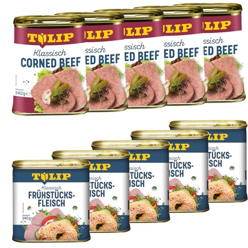 TULIP 5x Klassisches Corned Beef 340g + 5x Schweine-Frühstücksfleisch 340g | leckeres Rinder und Schweinefleisch | 98% Rindfleisch 86% Schweinefleisch | Dosenfleisch