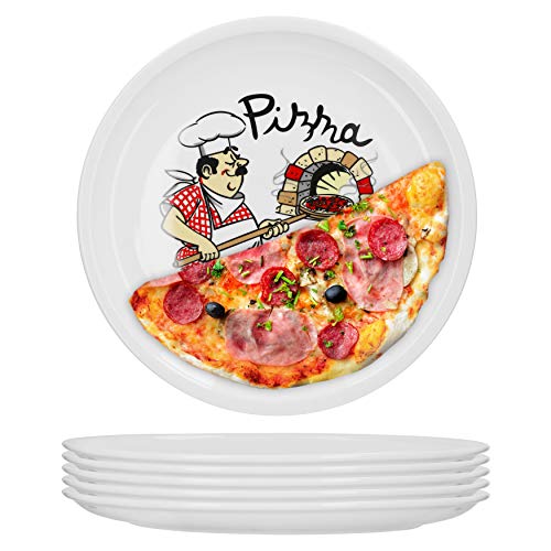 Van Well 6er Set Pizzateller groß Ø 30.5 cm mit Küchenchef-Motiv Gastro-Zubehör Pizza-Bäckerei stabiles Porzellan-Geschirr Grill-Teller Servier-Platte Antipasti