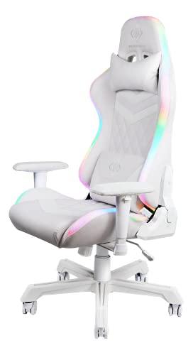 Deltaco Gaming Stuhl Gamer Chair - PC Gamingstuhl mit Armlehne, Rückenlehne und Kissen, Zocker Sessel, Bürostuhl Stühle, ergonomisch belastbar, Gaming-Stuhl RGB Beleuchtung, Kunstleder, 120 Kg Weiß