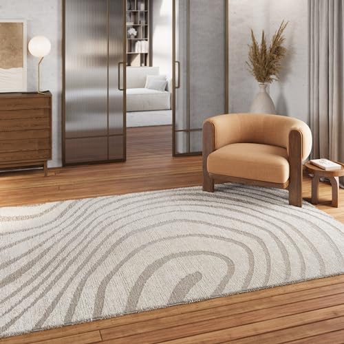 Gewebter pflegeleichter Teppich von WECONhome mit Wellen Design ideal für Wohnzimmer, Schlafzimmer und Arbeitszimmer- Björn (80 x 150 cm, beige)