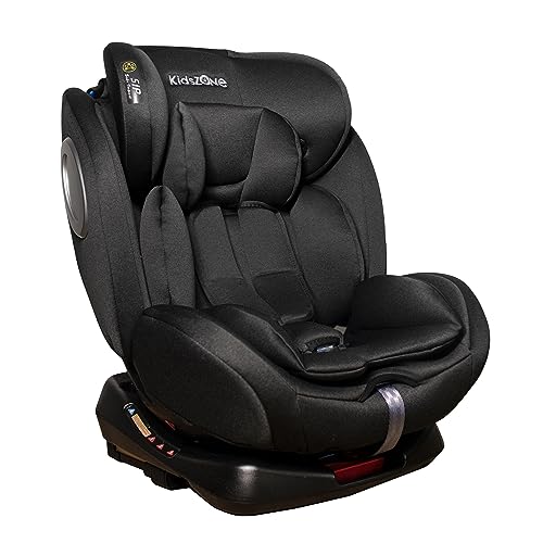 KidsZone Kindersitz für Autos mit und ohne ISOFIX - 360° Drehbar, Kinderautositz für Gruppe 0+/1/2/3 (0-36 kg), 5 Punkt Sicherheitsgurt, Toptether, Einstellbare Kopfstütze Schwarz