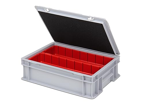 Einsatzkasten Einteilungs-Set für Eurobehälter, Schubladen mit Innenmaß 362x262 mm (LxB), 102 mm hoch, verschiedene Größen/Farben (2er Set inkl. Box + Deckel, rot)
