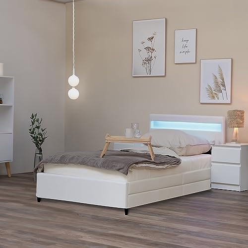 Home Deluxe - LED Bett NUBE - Weiß, 90 x 200 cm - inkl. Lattenrost und Schubladen I Polsterbett Design Bett inkl. Beleuchtung