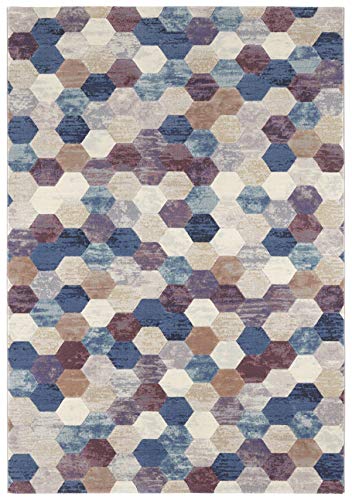 Elle Decoration Manosque robuster Kurzflor Teppich Boho-Style Ethno Vintage-Optik Modern flauschig Weich Mehrfarbig für Wohnzimmer Küche Flur oder Esszimmer Blaubeere Creme 160x230 cm