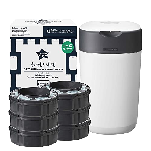 Tommee Tippee 85201903 Twist & Click Advanced Windeleimer, Umweltschonendes System mit 6-er Pack Nachfüllkassetten, weiß