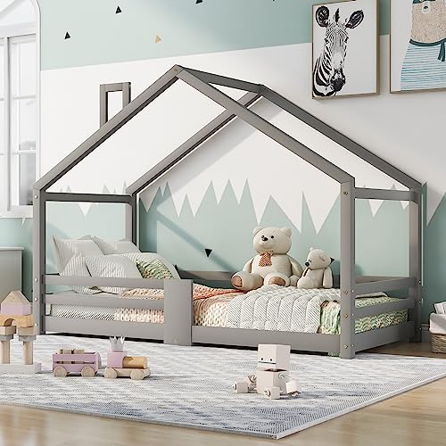 Kinderbett Hausbett mit Schornstein | Rausfallschutz| Robuste Lattenroste |Kiefernholz Haus Bett für Kinder, 90 x 200 cm (Grau)