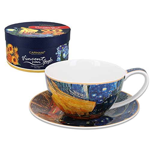 CARMANI - Porzellan-Set für Tee, Kaffee, Cappucino-Tasse und Untertasse mit Vincent Van Gogh, Café Terrace at Night 360ml