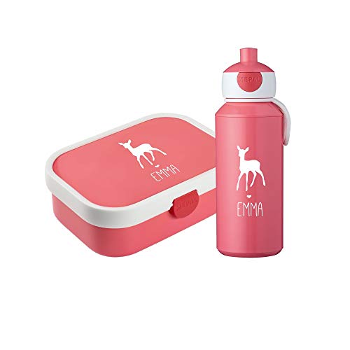 4you Design Set: Pinke Brotdose & Trinkflasche -REH Silhouette- personalisiert mit Namen – inkl. Bento Box, Gabel & Pop-Up Flasche – Geschenk für Kinder (Pink)
