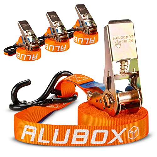 Alubox Spanngurt mit Ratsche und S-Haken 25mm breit orange Belastbarkeit 400kg Ratschengurt TÜV G/S geprüft - Länge 4,5m - 4 Stück