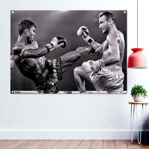 Muay Thai VS Boxing Tapisserie Wandkunst Wandteppich Vintage Workout Übung Leichtathletik Poster Banner Flaggen Wandsticker Gym Dekor 96 x 144 cm