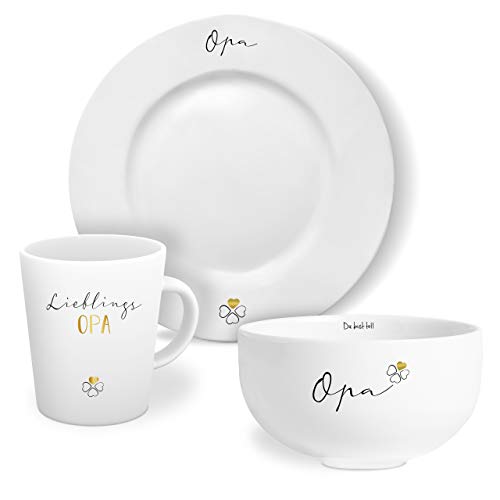 mintkind® Geschirr Set Lieblingsopa: Kaffeetasse mit Teller und Schale - in weiß mit Echtgold-Dekor - Tolle Geschenke für Opa von Tochter, Sohn und Enkel