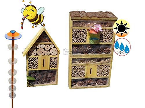 Gartendeko-Stecker mit Lichteffekt, Sonnenfänger als funktionale Bienentränke + 2X Lotus BIENENHAUS Insektenhaus,XXL Bienenstock & Bienenfutterstation für Wildbienen, Hummeln, Schmetterlinge