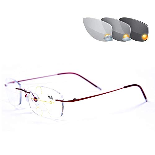 Ultraleichter Rahmenloser Anti-Blaulicht-Leser, Progressive Mehrfokus-Sonnenbrille Mit Farbwechselnden Gläsern, Hyperopie- Und Presbyopie-Brille,Wine red,+2.00