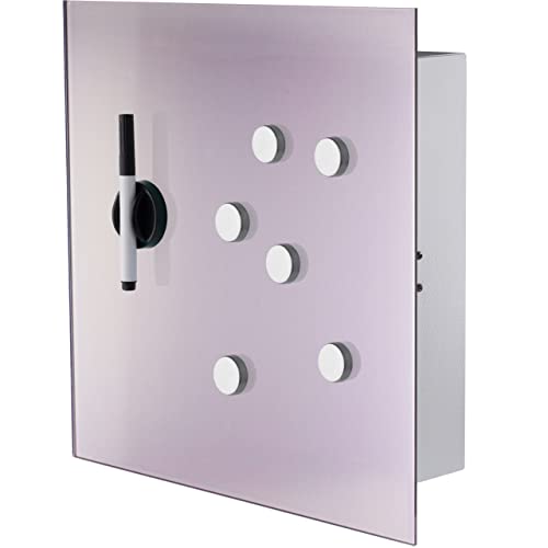 BALOU Schlüsselkasten modern mit Glas Magnettafel - Memoboard magnetisch mit 6 Magneten und Stift - Schlüsselschrank groß mit 20 Haken 33x33x6,8cm lila Flieder