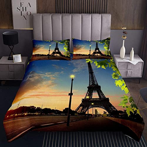 Bettwäsche 135x200 Sonnenuntergang Eiffelturm, Weiche Mikrofaser Bettwäsche-Sets, Bettbezüge mit Reißverschluss,1 Bettbezug + 2 Kissenbezug 80x80 cm für Kinder Jungs Mädchen