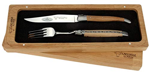 Laguiole en Aubrac - 1 Steakmesser und 1 Gabel als Besteck Set - Griff Eichen-Holz - Original Frankreich mit Zertifikat