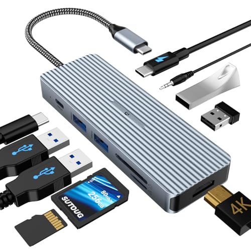 USB-C-Hub, 10-in-1-Dockingstation mit 4K-HDMI, USB-C-Datenübertragungsanschluss, 2 x USB 3.0 Typ-A, 2 x USB 2.0 Typ-A, SD/TF-Kartenleser, 3,5 mm Stereo-Klinkenstecker für Mac OS und Windows
