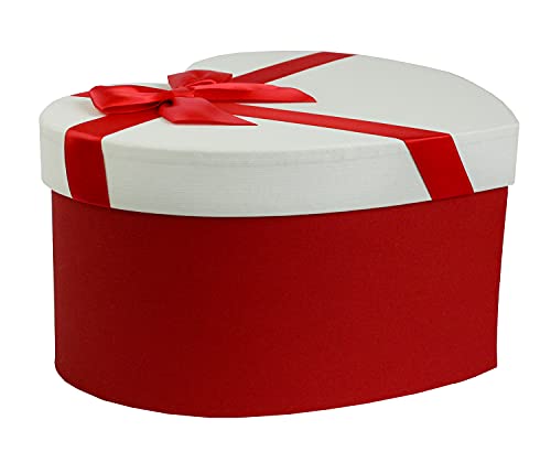 Emartbuy Starre Geschenkbox in Herzform, 30 x 24,3 x 14,5 cm, strukturierte rote Box mit weißem Deckel, braune Innenseite und Satinschleife