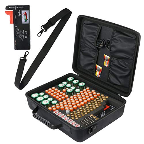 co2CREA Harte Schutzhülle für Batterie-Aufbewahrungsbox, Batterie-Organizer für 155 Batterien AA AAA C D9 V, kompatibel mit dem Batterietester BT-168D (große Box, mit Tester)