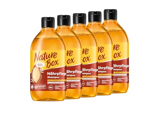Nature Box Shampoo Nährpflege (5x 385 ml), Shampoo für trockenes Haar mit kaltgepresstem Argan-Öl, Haarshampoo für intensive Pflege, Flasche aus 100% recyceltem Social Plastic