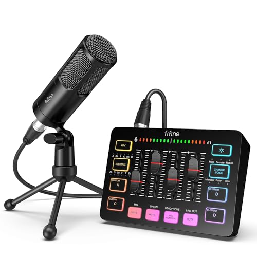 FIFINE Audio Equipment Bundle für Gaming Podcast, Streaming RGB Mixer Set mit XLR Dynamic Vocal Mikrofon, Voice Recording Kit Set mit Volume Fader, Individuelle Steuerung, Stummschaltung,