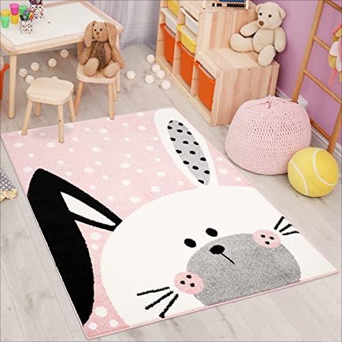 carpet city Kinderteppich Bubble Kids Flachflor Schlappohr-Hase, weiß gepunktet in Rosa für Kinderzimmer; Größe: 120x160 cm