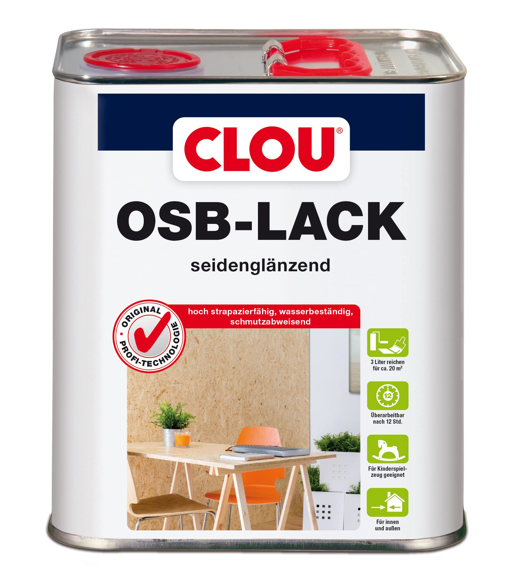 CLOU OSB Lack: Seidenglänzender Holzlack zur Versiegelung von OSB-Platten, farbloser Parkettlack, wasserabweisend, 3L