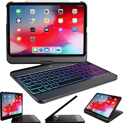 Snugg iPad Pro 12.9 Tastatur (2022 6. Gen/2021 5. Gen), Kabellose Beleuchtete Bluetooth iPad Pro 12.9 Hülle mit Tastatur, 360 Grad Drehbare Tastatur - Schwarz