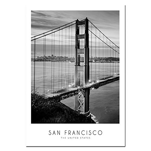 LCSLDW Leinwanddruck Schwarz-Weiß-Leinwand-Malerei World City Landscape San Francisco Poster Druckt Nordische Art Wandkunst Bild Home Decor