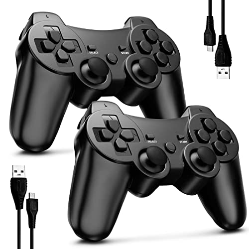Hogdseirrs Bowei PS3 Controller kabellos, Double Shock Gamepad für Playstation 3, 6-Achsen Joystick kabellose PS3 Fernbedienungen mit Ladekabel Schwarz Set
