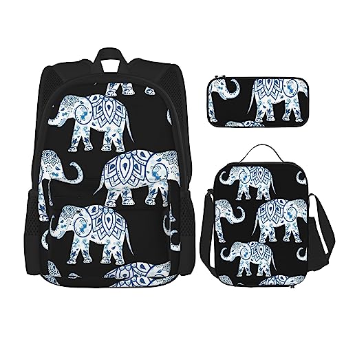 PartyUnix Elefant Rucksack 3-teilig Schulranzen mit Brotdose und Federmäppchen Set =>> geeignet für Jungen und Mädchen, Schwarz , Einheitsgröße, Kinderrucksack