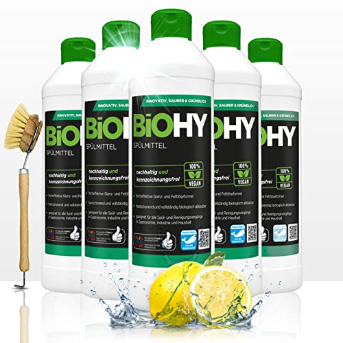BiOHY Spülmittel (6x500ml Flasche) + Spülbürste | Frei von schädlichen Chemikalien & biologisch abbaubar | Glanz- & Fettlöseformel | Für Gastronomie, Industrie und Haushalt geeignet