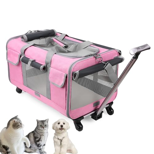 Rollende Transportbox für Haustiere mit Rädern, Faltbare, Hundetransportbox für Kleine Hunde und Katzen, gut zum Wandern/Camping (Color : Pink)