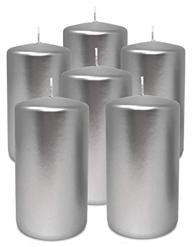 Hyoola Metallic Stumpenkerzen - Kerzen Silber 6er-Pack - Stumpenkerzen Silber - Dekorative Stumpenkerzen Groß Hergestellt in EU - Kerzen Lange Brenndauer - 7 cm x 13 cm