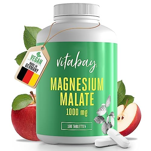 Vitabay Magnesium Malat Tabletten VEGAN & LABORGEPRÜFT - 180 Stück je 1000 mg Magnesiummalat (450 mg elementar) - Magnesium hochdosiert Kapseln - hochdosiertes Magnesium Malate Tabletten hochdosiert