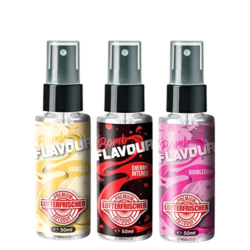 ShinyChiefs FLAVOUR BOMB Set - Autoduft-Set mit Vanille, Bubblegum & Kirsch-Geruch - Lufterfrischer für den Auto-Innenraum, neutralisiert unangenehme Gerüche im Auto, Pumpsprühflasche, 3x 50ml