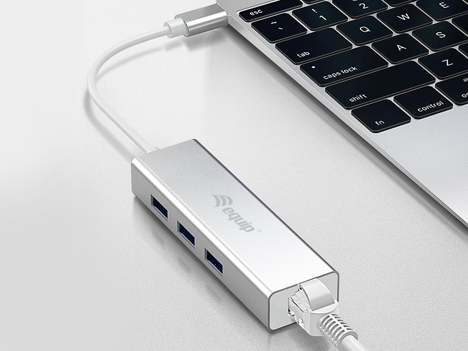 Equip 133481 USB-C zu 3-Port-USB-Hub mit Gigabit Adapter/Silber
