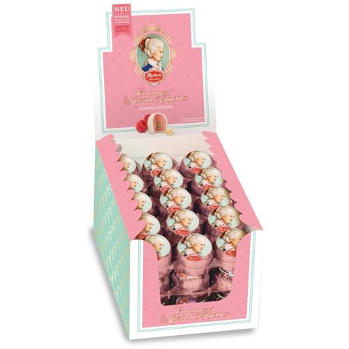 Reber Weiße Constanze Mozart-Kugeln Himbeere, Pralinen aus weißer Schokolade, Marzipan, Nougat, Tolles Geschenk, 45er-Aufstellkarton