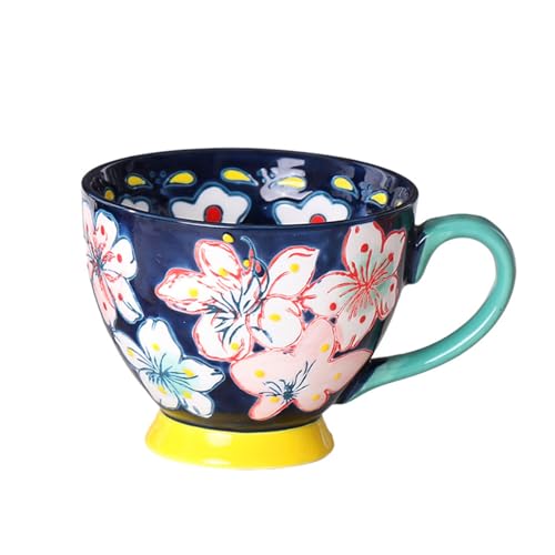 BradOc Geschenk-Kaffeetassen 420 ml,Kaffee-Tee-Milch-Tassen, große Kaffeetassen mit geprägten Blumenmustern, handgefertigtes Tassen-Set for Tee,Dark blue