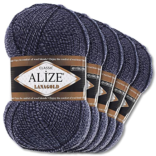 Alize 5 x 100 g Lanagold Wolle | 53 Auswahl | Stricken Häkeln Wolle (901 | Blau-Grau)